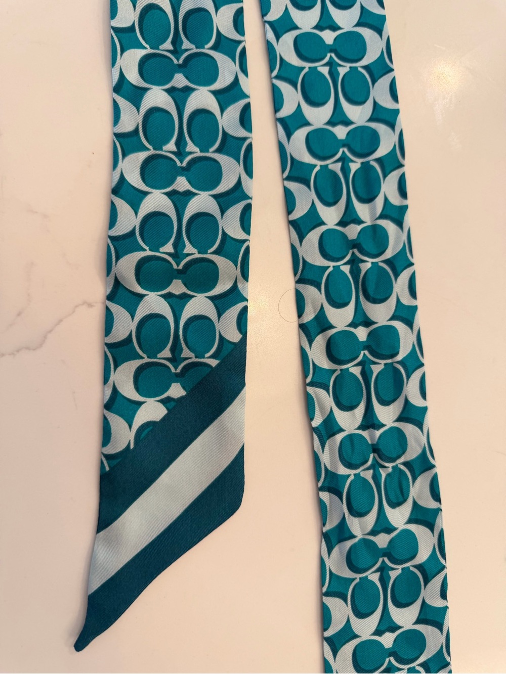 Coach Teal Logo-Print Silk Scarf Ribbon with Stripe Ends - Picture 2 of 6